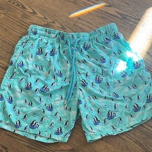 Vilebrequin Mint Green Swim Trunks Athletic Shorts with Penguin Print